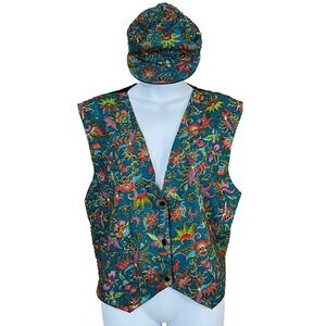 Vintage Floral Vest & Hat Set Teal‎ Hand Beaded Dance Show Size XL